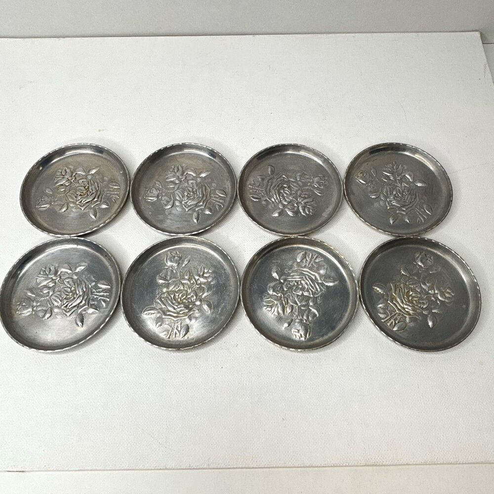 Vintage Set of 8 Embossed Rose Metal Drink Coasters Silver Tone Floral 3”